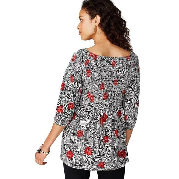 J Jill Smocked Top Womens M Black White Red Floral On Off Shoulder Blouse NEW - Picture 5 of 16